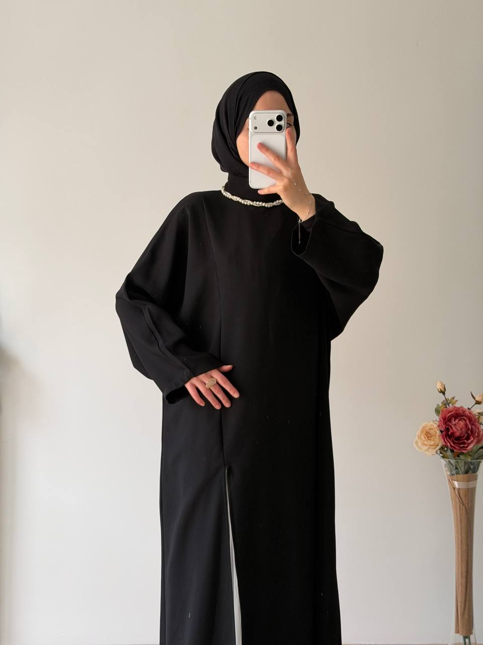 Krep önden iki yırtmaçlı oversize elbise