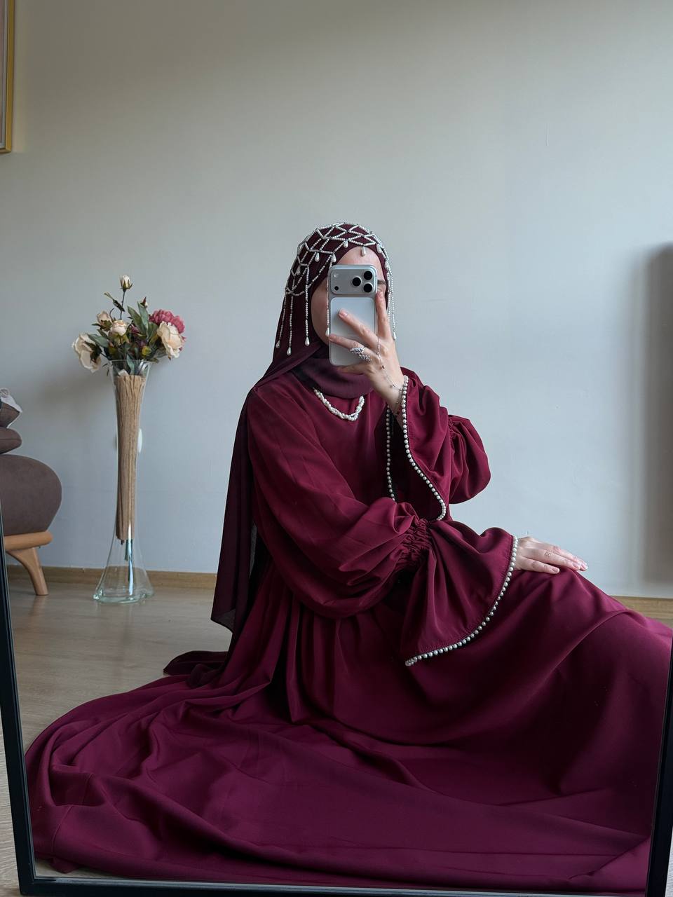 Kolu Tek Katlı İncili Elbise