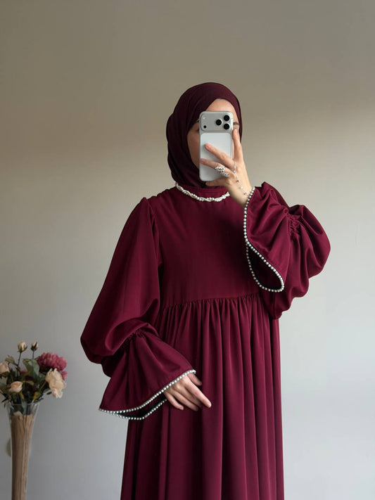 Kolu Tek Katlı İncili Elbise - Bordo