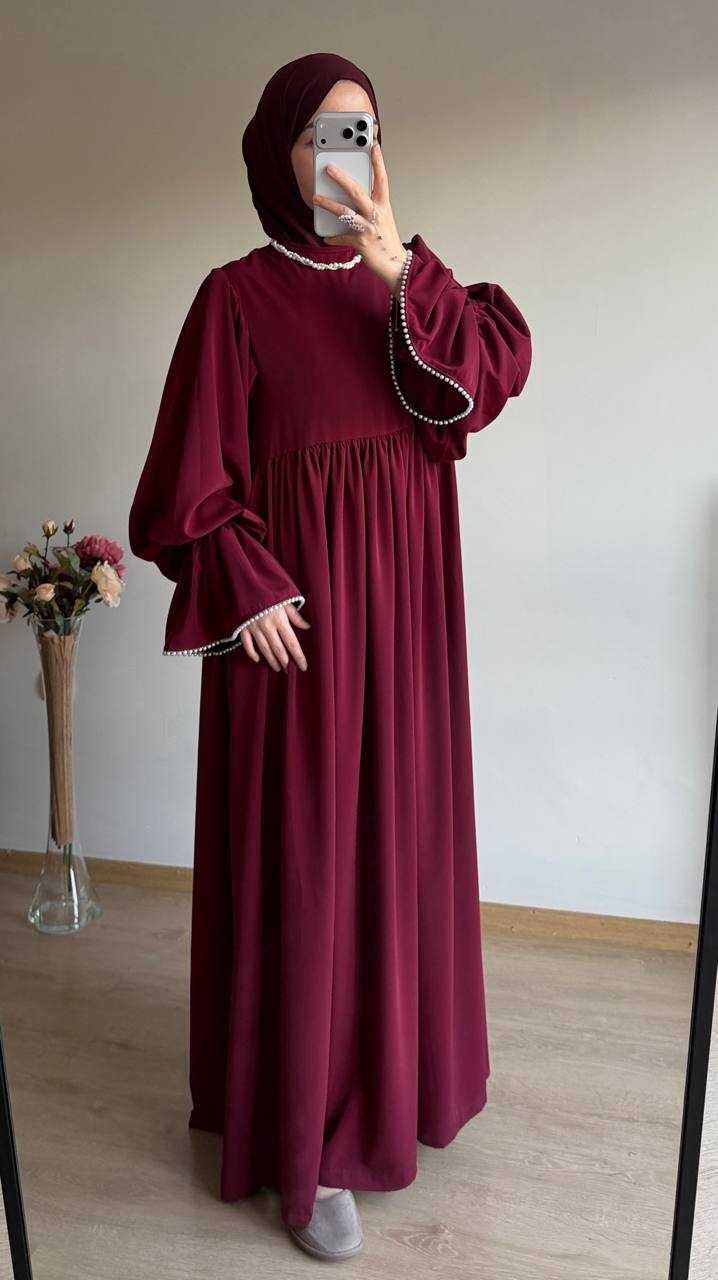Kolu Tek Katlı İncili Elbise - Bordo