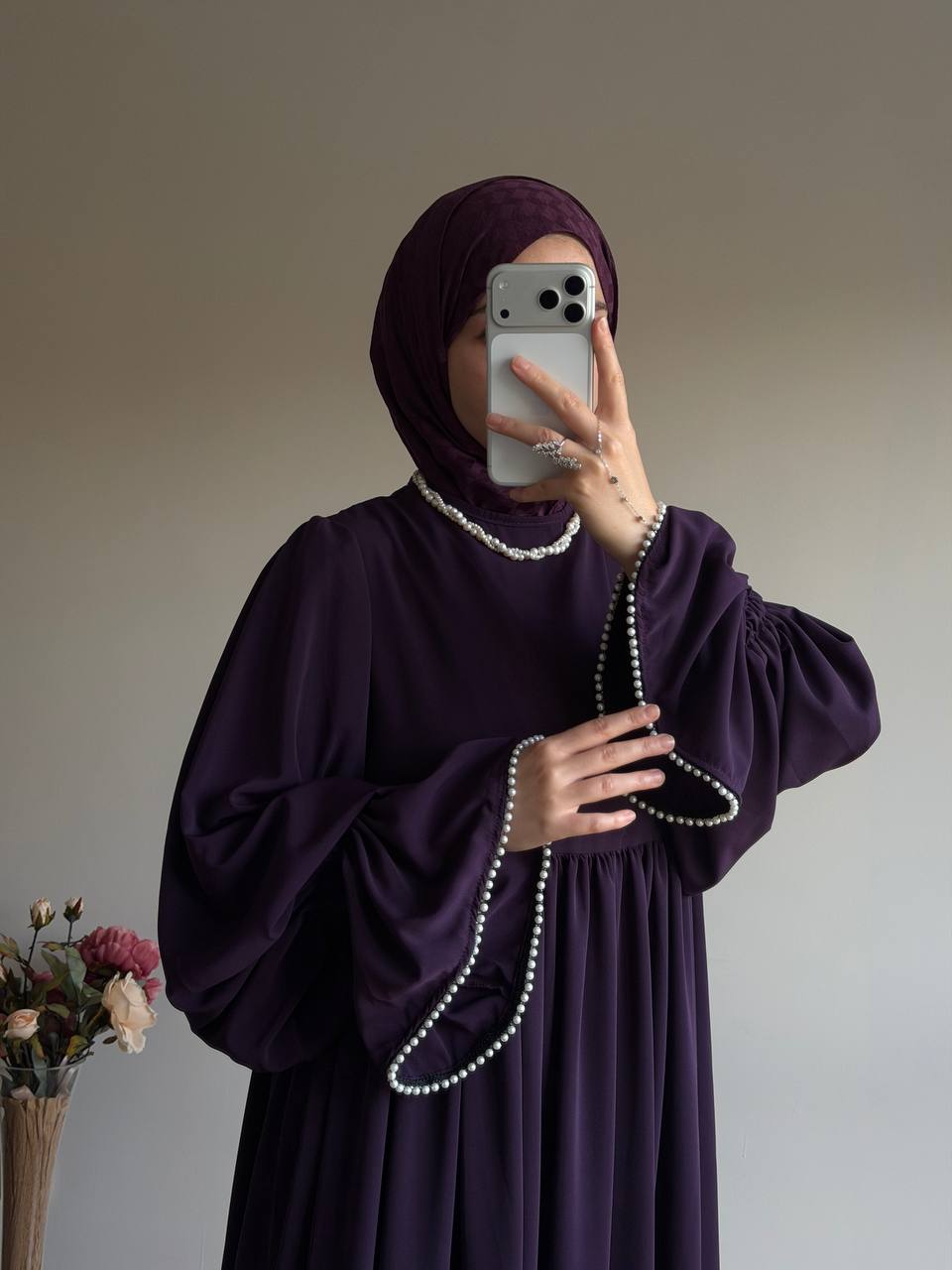 Kolu Tek Katlı İncili Elbise - Mor