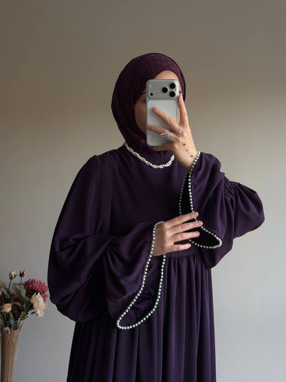 Kolu Tek Katlı İncili Elbise - Mor