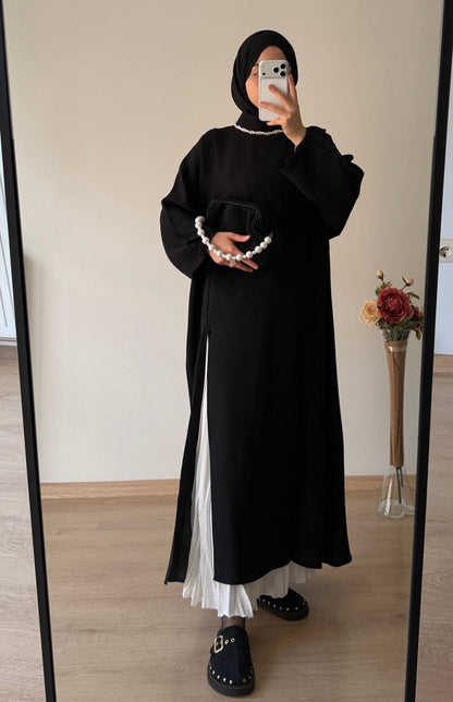 Krep önden iki yırtmaçlı oversize elbise